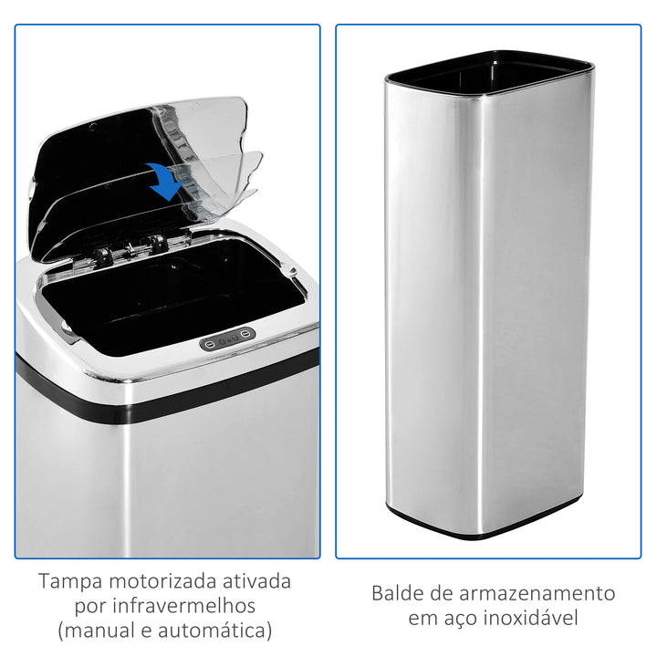 Caixote do Lixo Inteligente de 50L resistente à água abertura automática – Cor: Prata – Aço Inoxidável – 33x25x84 cm