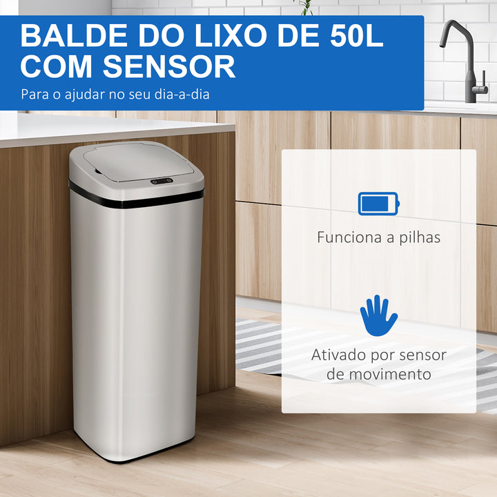 Caixote do Lixo Inteligente de 50L resistente à água abertura automática – Cor: Prata – Aço Inoxidável – 33x25x84 cm
