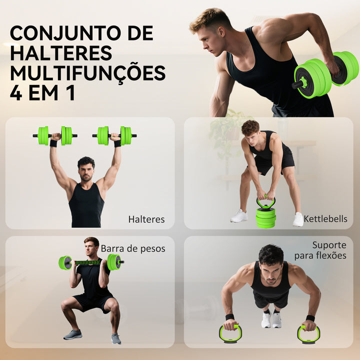 Conjunto de Halteres 20kg 4 em 1 Conjunto de Pesos com Kettlebell Barra de Pesos para Treino de Força em Casa Ginásio Escritório Verde