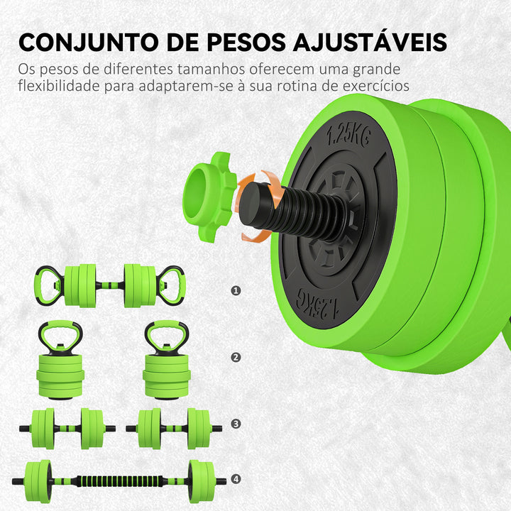 Conjunto de Halteres 20kg 4 em 1 Conjunto de Pesos com Kettlebell Barra de Pesos para Treino de Força em Casa Ginásio Escritório Verde