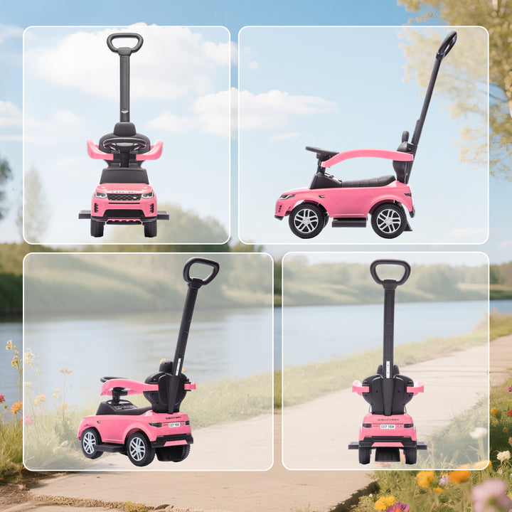 Carro Andador 2 em 1 para Crianças de 18-36 Meses Carro Andador Land Rover Discovery com Espaço de Armazenamento Buzina Volante Pega de Empurrar e Barra Removíveis 84x40x94,5 cm Rosa