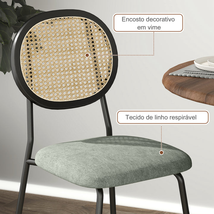 Conjunto de 2 Cadeiras de Sala de Jantar Cadeiras de Cozinha com Encosto em Vime Sintético e Estrutura de Aço para Sala de Jantar 44x54x87 cm Verde Escuro e Preto