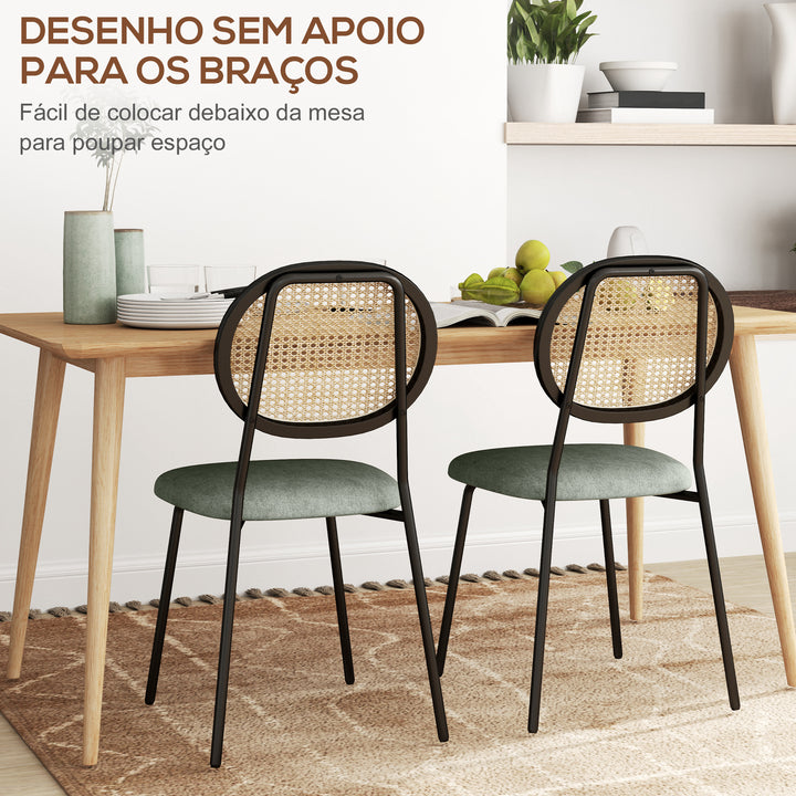 Conjunto de 2 Cadeiras de Sala de Jantar Cadeiras de Cozinha com Encosto em Vime Sintético e Estrutura de Aço para Sala de Jantar 44x54x87 cm Verde Escuro e Preto