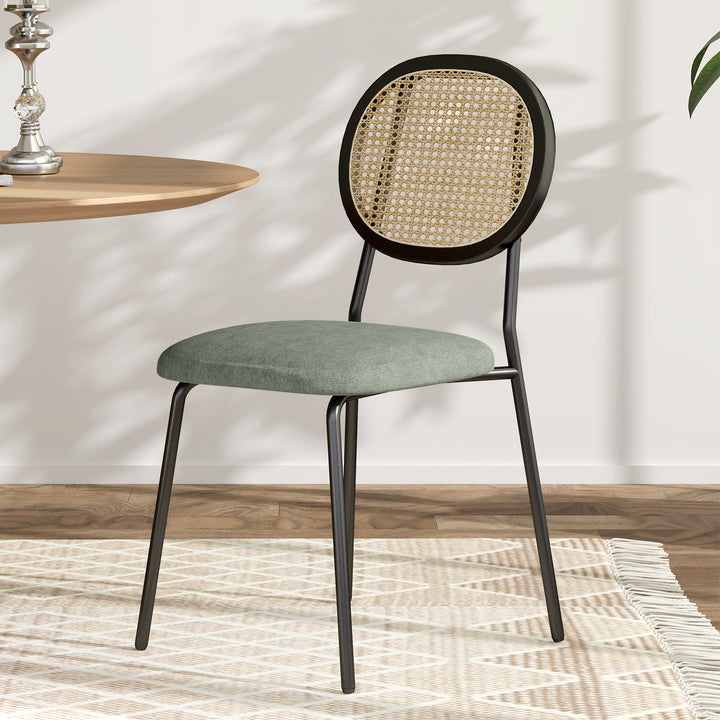 Conjunto de 2 Cadeiras de Sala de Jantar Cadeiras de Cozinha com Encosto em Vime Sintético e Estrutura de Aço para Sala de Jantar 44x54x87 cm Verde Escuro e Preto