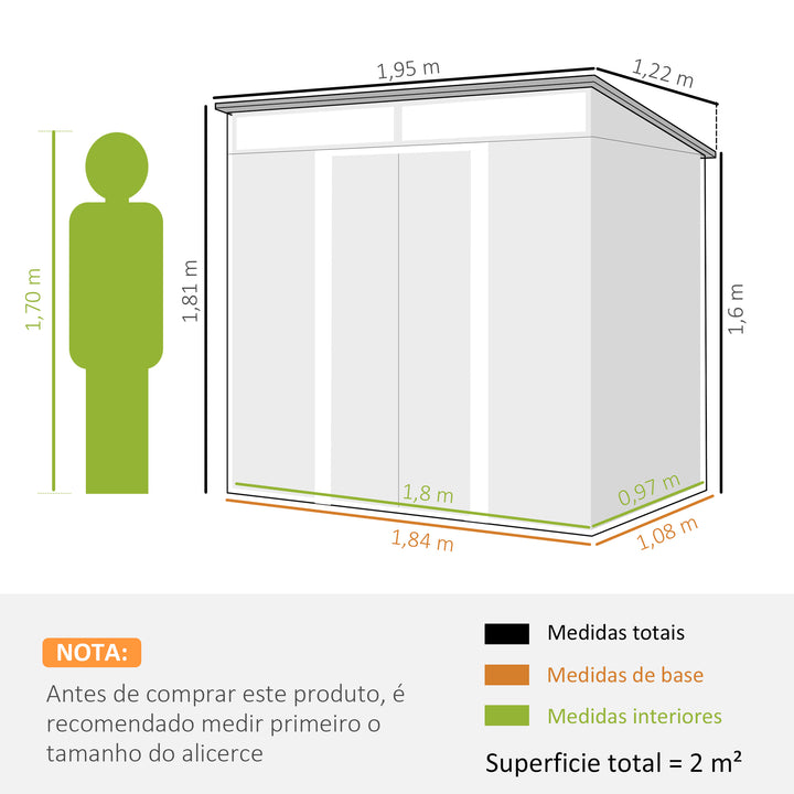 Abrigo de Jardim Exterior 2 m² 195x122x181,5 cm Abrigo Metálico com Base SEM CHÃO 2 Portas de Correr Janelas e Ganchos para Ferramentas Cinza Claro