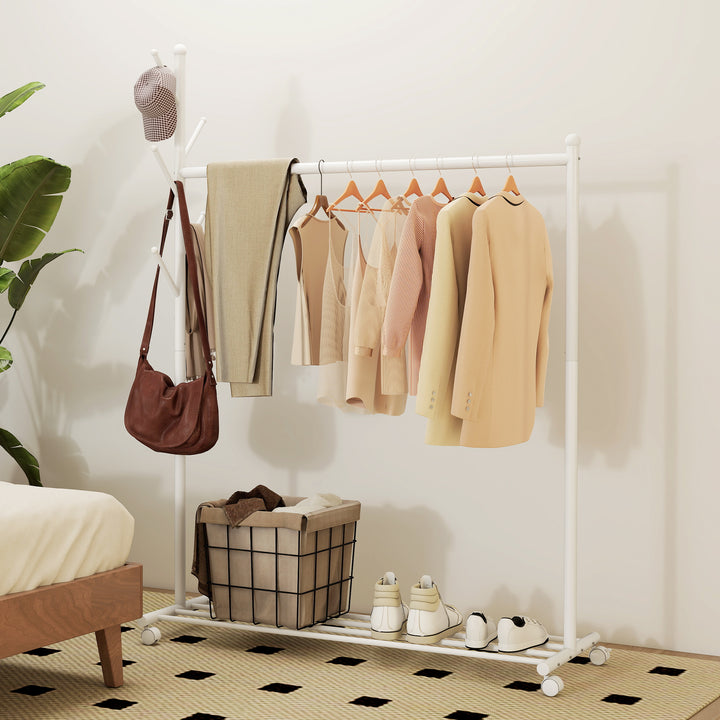 Charriot com Rodas Charriot com 5 Ganchos Barra para Pendurar e Prateleira Inferior Charriot para Dormitório Lavandaria 120x43x171 cm Branco