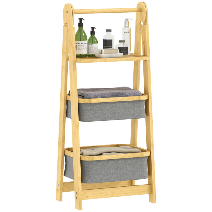 Estante Dobrável para Casa de Banho de Bambu Estante de Casa de Banho com 2 Cestos para Roupa Suja Estante Aberto para Quarto Lavandaria 44,5x32x99 cm Cinzento