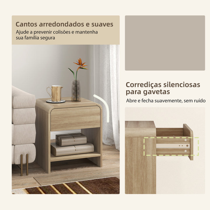 Conjunto de 2 Mesas de Cabeceira Nórdicas com Cantos Arredondados Gaveta e Prateleira Aberta Mesa Auxiliar para Sala Quarto 40x35x45 cm Madeira