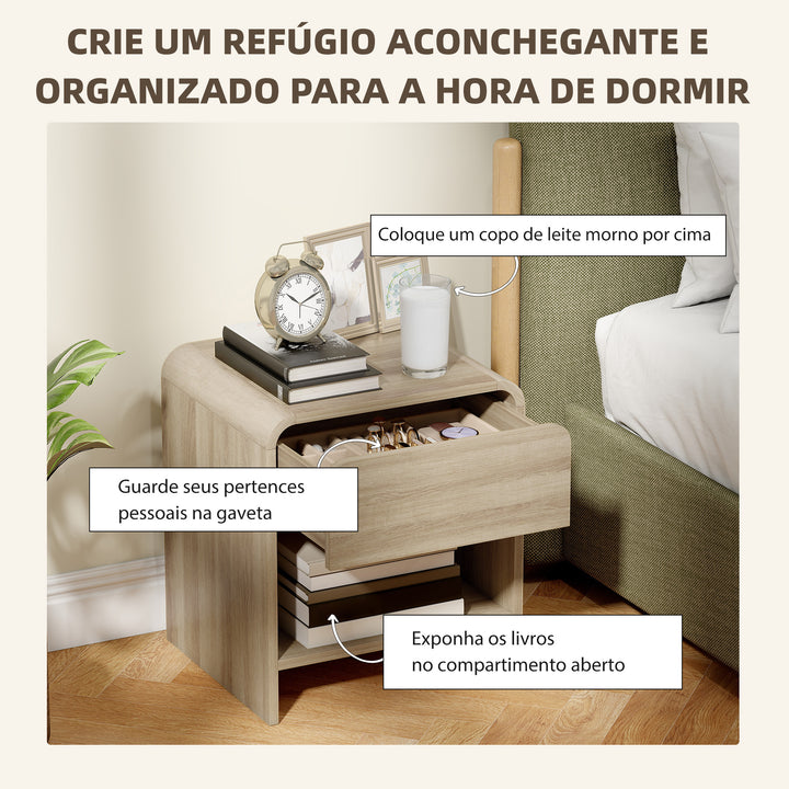 Conjunto de 2 Mesas de Cabeceira Nórdicas com Cantos Arredondados Gaveta e Prateleira Aberta Mesa Auxiliar para Sala Quarto 40x35x45 cm Madeira