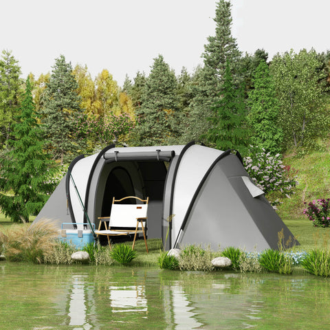 Tenda de Campismo Familiar para 4-5 Pessoas Tenda de Campismo Túnel Impermeável 3000 mm com 2 Quartos Bolsa de Transporte e Gancho Ideal para Caminhadas e Pesca Cinzento