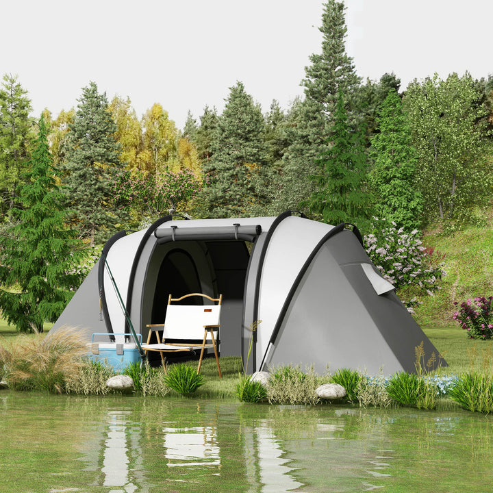 Tenda de Campismo Familiar para 4-5 Pessoas Tenda de Campismo Túnel Impermeável 3000 mm com 2 Quartos Bolsa de Transporte e Gancho Ideal para Caminhadas e Pesca Cinzento