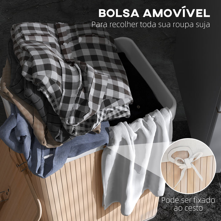 Cesto para Roupa Suja Dobrável com Tampa Cesta de Lavandaría Retangular Bambú 70L com Asas 40x30x60cm