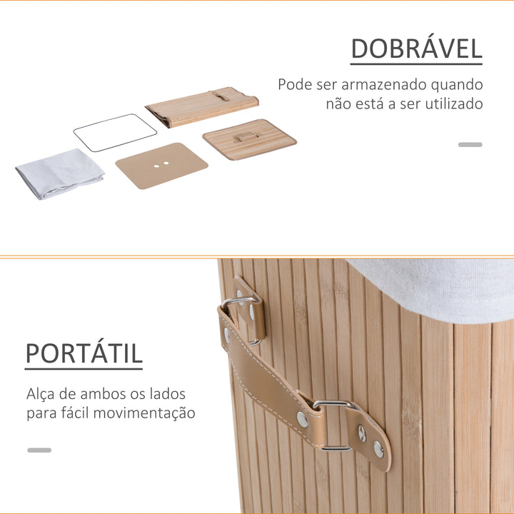 Cesto para Roupa Suja Dobrável com Tampa Cesta de Lavandaría Retangular Bambú 70L com Asas 40x30x60cm