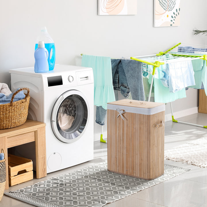 Cesto para Roupa Suja Dobrável com Tampa Cesta de Lavandaría Retangular Bambú 70L com Asas 40x30x60cm