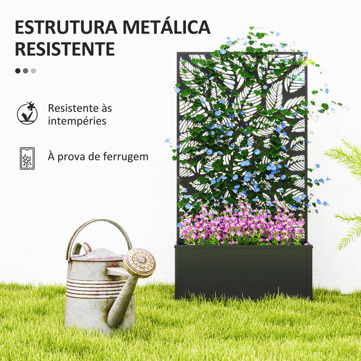 Floreira de Exterior Floreira de Metal com Ecrã de Privacidade com Folhas Decorativas Floreira de Parede ou Independente para Pátio Varanda 61x23x113 cm Preto