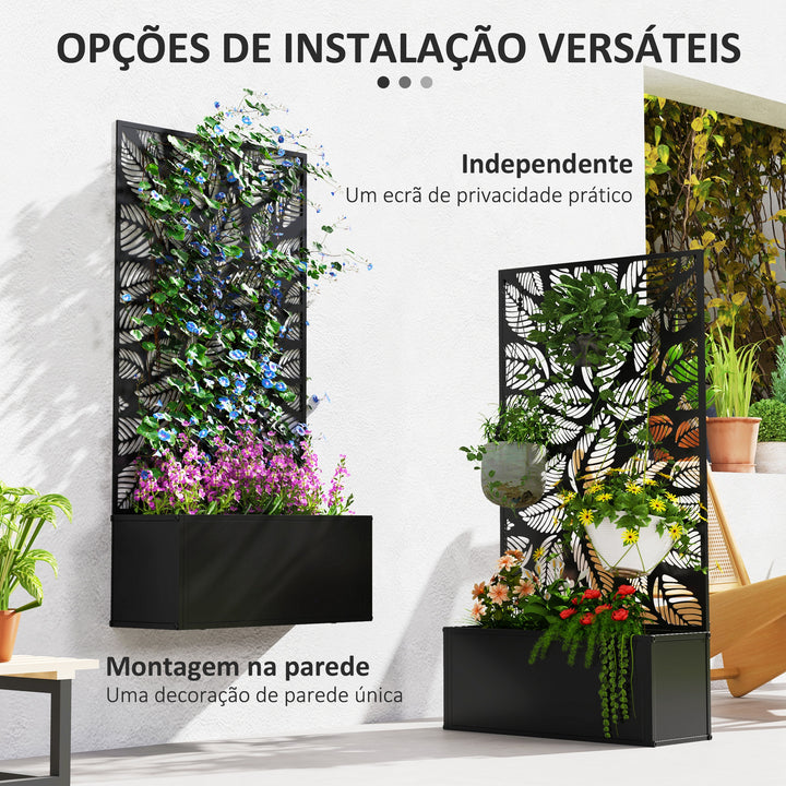 Floreira de Exterior Floreira de Metal com Ecrã de Privacidade com Folhas Decorativas Floreira de Parede ou Independente para Pátio Varanda 61x23x113 cm Preto