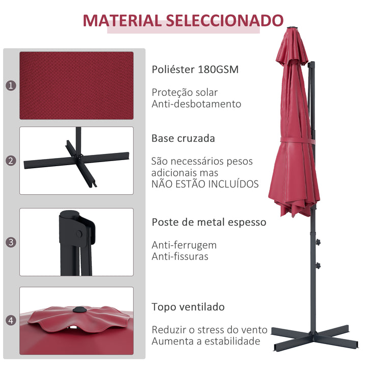 Chapéu de Sol Excêntrico Ø294x242 cm Chapéu de Sol de Jardim com Altura Ajustável Mastro Giratório 360° Ângulo Ajustável e Ventilação Superior para Pátio Piscina Vinho