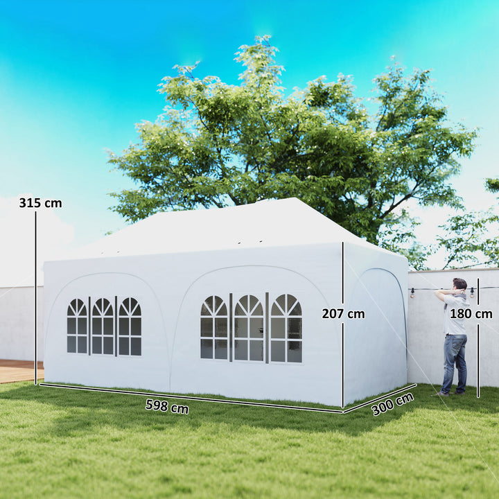 Tenda Dobrável 6x3 m Tenda Pop-up com 6 Laterais Removíveis Altura Ajustável Janelas Bolsa de Transporte UPF30+ Tenda para Campismo Festas Exterior Branco