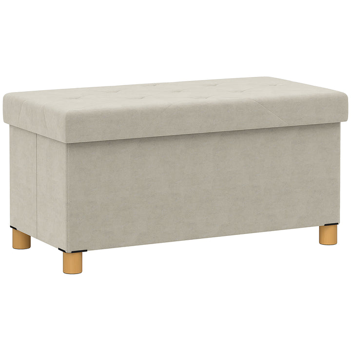 Banco de Armazenamento Dobrável Puff de Armazenamento Capacidade de 67 L Estofado em Veludo Baú de Armazenamento Quarto Carga 120 kg para Sala de Estar Entrada 76x38x38 cm Creme