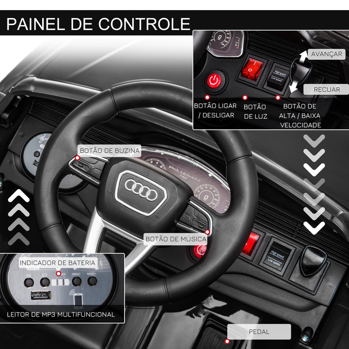 Carro Elétrico Infantil acima de 3 anos Licença Audi RS Q8 com Bateria 6V Controle a Distância Música MP3 Buzina e Luzes Velocidade Máx. 3km/h 101x62x51cm Preto