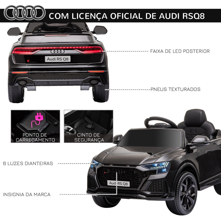 Carro Elétrico Infantil acima de 3 anos Licença Audi RS Q8 com Bateria 6V Controle a Distância Música MP3 Buzina e Luzes Velocidade Máx. 3km/h 101x62x51cm Preto