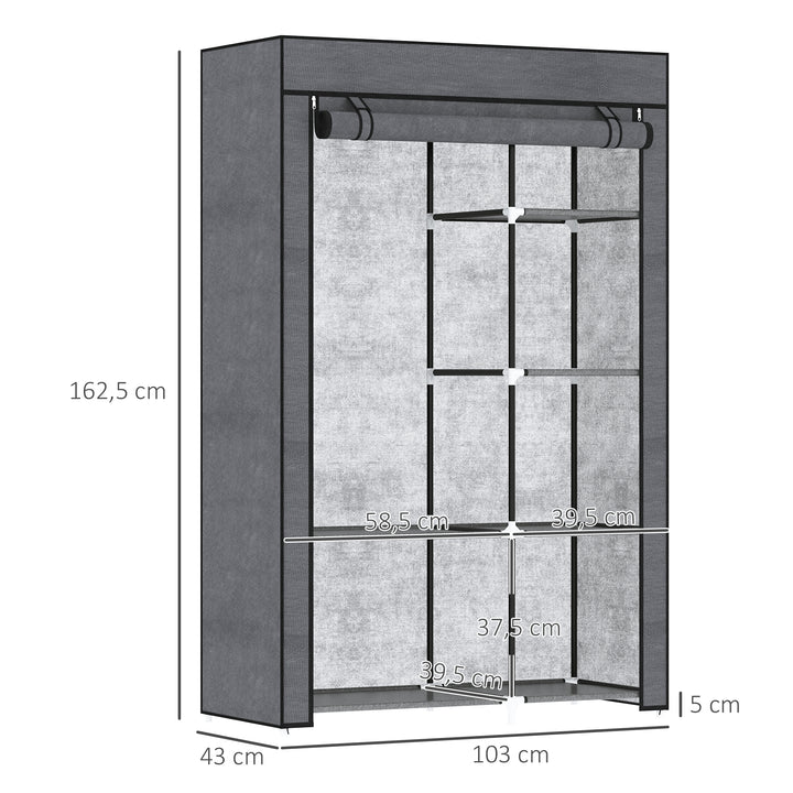 Roupeiro de Tecido Dobrável Armário de Roupa Portátil com 6 Prateleiras e 1 Barra de Pendurar para Dormitório Vestidor 103x43x162,5 cm Cinzento