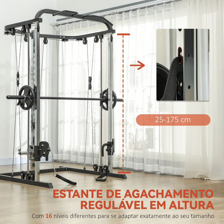 Máquina Multi Estação de Musculação Máquina de Musculação com Suporte para Agachamentos e Barra para Pesos Máquina Multi Estação para Treino Fitness em Casa 210x132x225 cm Preto