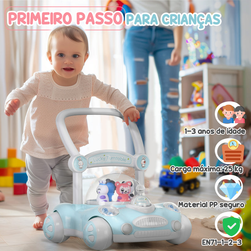 Andador para Bebés de 1-3 Anos Andador para Bebés com Altura Ajustável Música Rodas Antiderrapantes Luzes Guiador Desmontável Carga 25 kg Azul Claro