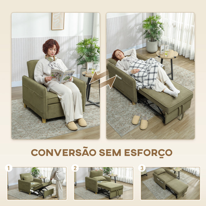 Poltrona Cama de 1 Lugar 3 em 1 Poltrona Cama Dobrável Estofado em Veludo Ecológico com Encosto Ajustável 3 Níveis 6 Bolsos Laterais e Almofada para Quarto Sala 74x85,5x82 cm Castanho