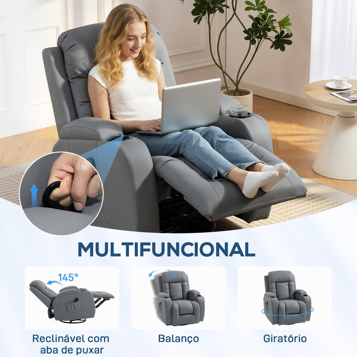Poltrona de Massagem Giratória Poltrona Relax Reclinável com 8 Pontos de Massagem Função de Aquecimento Lombar Controlo Remoto Revestimento em PU Apoio para os Pés Bolso Lateral Função Oscilante Cinzento