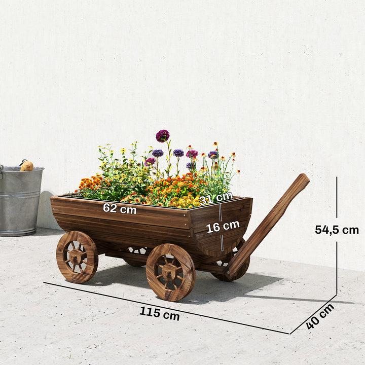 Carrinho de Madeira Decorativo com 4 Rodas e Pega Floreiro Exterior Móvel com Furo de Drenagem Floreiro para Plantas Jardim Terraço 115x40x54,5 cm Carbonizado