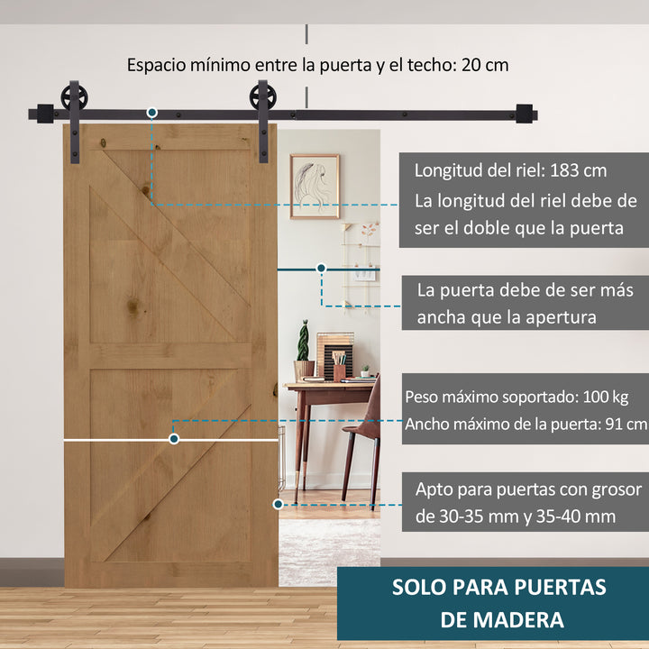 67T/183cm Ferragens para Porta Corredeira Kit de Acessórios para Porta Corredeira de Madeira com Guia de Chão Trilho de Aço de Carbono Café Escuro