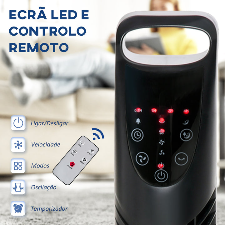 Ventilador de torre com controle remoto 3 níveis de temporizador de velocidade de ejeção de ar até 7,5h 18x78,5cm Preto