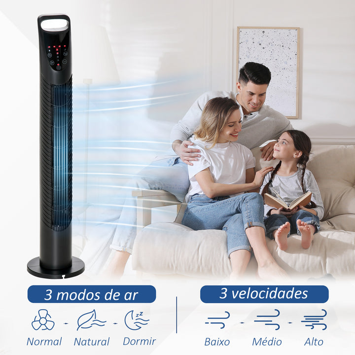 Ventilador de torre com controle remoto 3 níveis de temporizador de velocidade de ejeção de ar até 7,5h 18x78,5cm Preto