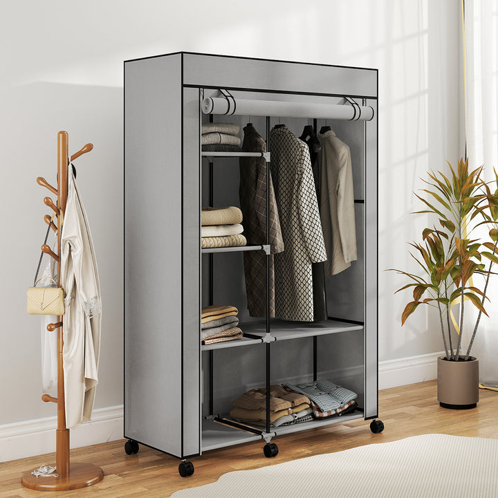 Roupeiro de Tecido Dobrável Armário de Roupa Portátil com 6 Prateleiras 1 Barra de Pendurar e Rodas para Dormitório Vestidor 103x43x162,5 cm Cinza Claro