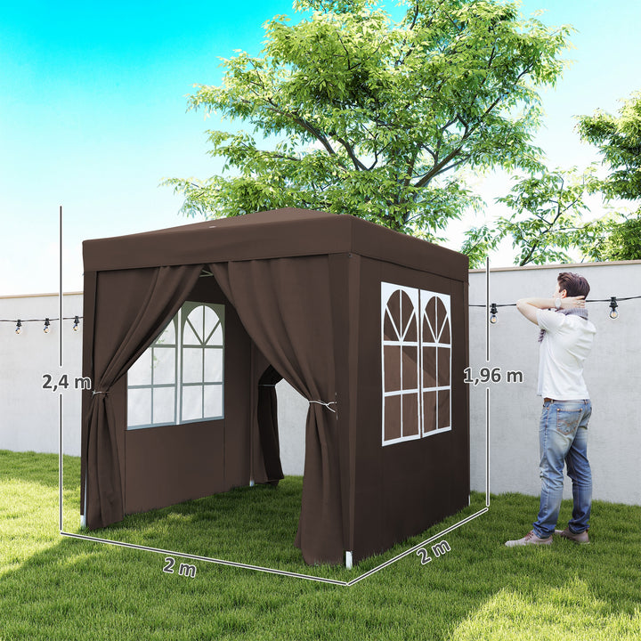 Tenda Dobrável 2x2 m Tenda de Jardim com 4 Paredes Laterais Tecido Oxford 2 Portas 2 Janelas e Bolsa de Transporte para Exterior Terraço Campismo Festas Marrom