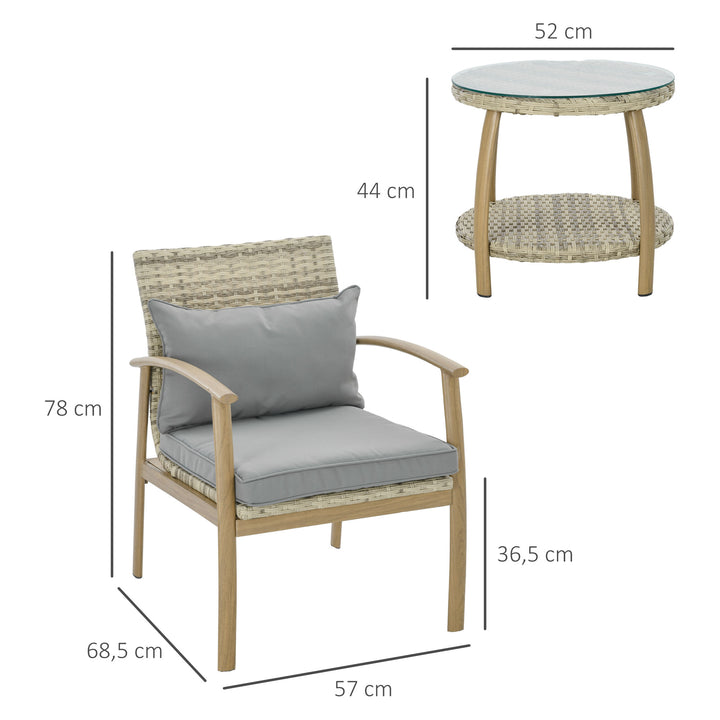 Conjunto de Mesa e Cadeiras para Exterior Conjunto de 3 Peças Cadeiras e Mesa em Vime com Estrutura de Alumínio Inclui 2 Cadeiras 1 Mesa de Vidro Temperado e Almofadas Natural e Marróm
