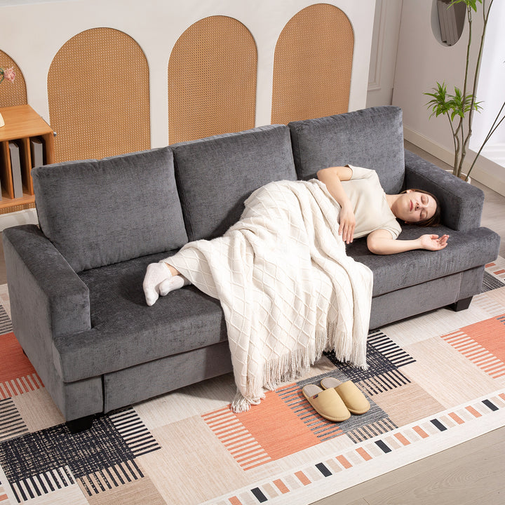 Sofá de 3 Lugares Sofá Sala de Estar 213x80x90 cm Estofado em Chenille Almofadado Grosso Estrutura de Aço Desenho Moderno para Sala de Estar Quarto Cinzento