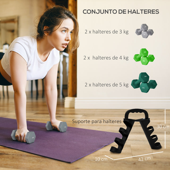 Conjunto de Halteres 2 x 3kg 2 x 4kg e 2 x 5kg Halteres Hexagonais com Suporte de Armazenamento para Treino em Casa Ginásio Multicor