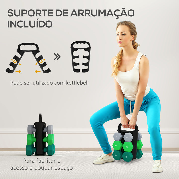 Conjunto de Halteres 2 x 3kg 2 x 4kg e 2 x 5kg Halteres Hexagonais com Suporte de Armazenamento para Treino em Casa Ginásio Multicor