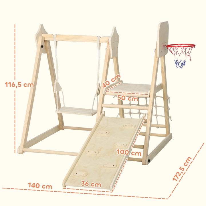 Escorrega Infantil 5 em 1 Estrutura de Escalada de Madeira com Escorrega Baloiço Cesto de Basquetebol Prancha Rede de Escalada Parque Dobrável para Crianças de 3-6 Anos 140x172,5x116,5 cm Madeira