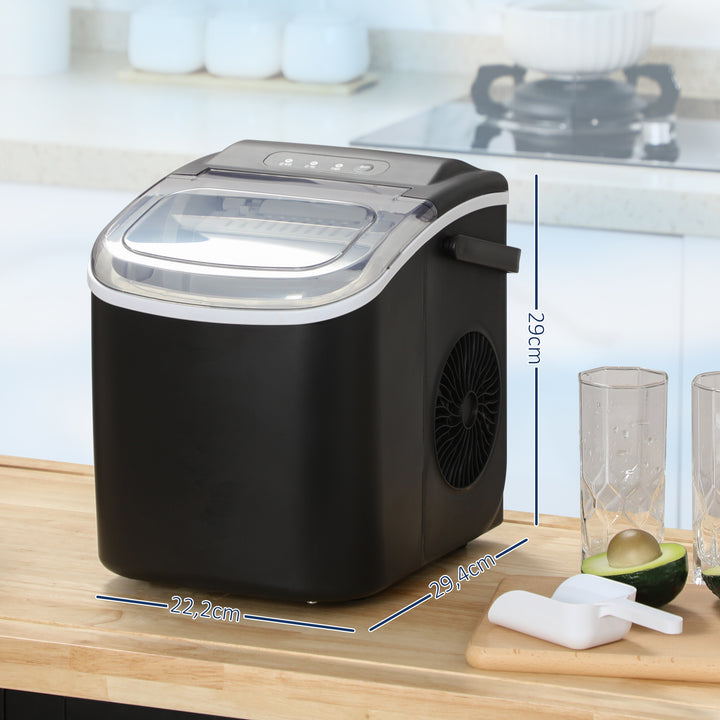 Máquina de Fazer Gelo Silenciosa Máquina de Gelo Doméstica 12 kg em 24 Horas 9 Cubos em 6-12 Minutos Depósito de Água 1,3 L com Pá e Cesto 22,2x29,4x29 cm Preto