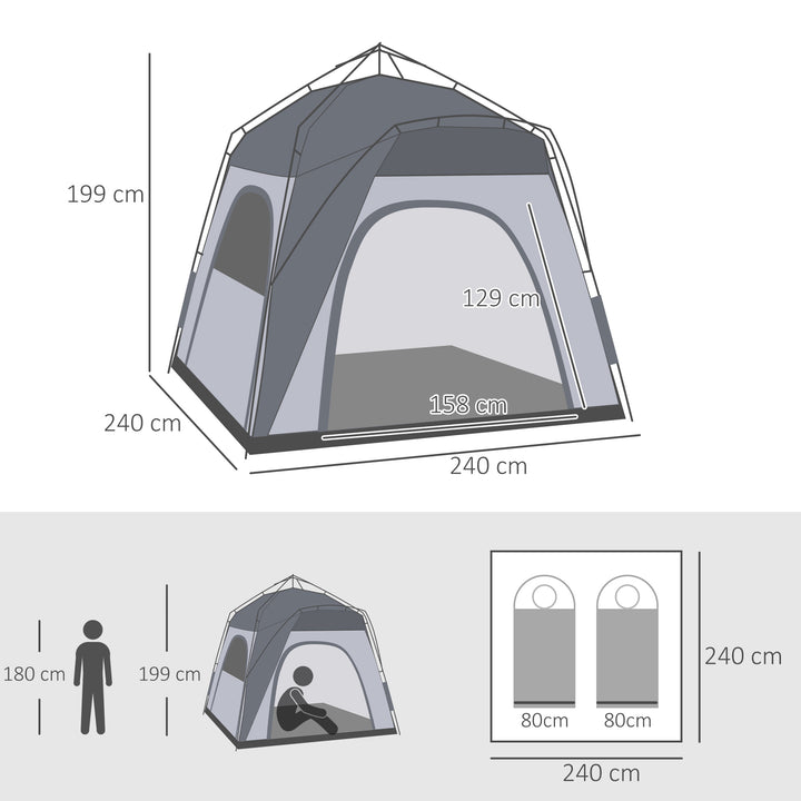 Tenda de Campismo para 4 Pessoas Tenda de Campismo Pop UP com 4 Janelas 2 Bolsos de Armazenamento e Bolsa de Transporte 240x240x199 cm Cinza