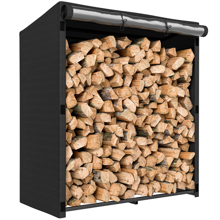Suporte Metálico para Lenha 140x70x154 cm Suporte para Lenha de Exterior com Capa Impermeável 600D Oxford Estrutura de Aço Capacidade de 300 kg para Jardim Preto