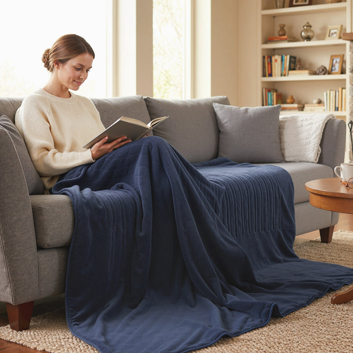 Manta Elétrica Grande 180x130 cm Manta Térmica Sofá de Coralina com 10 Níveis de Temperatura Temporizador Lavável na Máquina Ecrã LED e Proteção contra Sobreaquecimento Azul