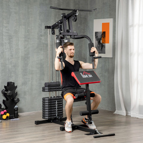 Máquina Multi Estação Máquina de Musculação com Placas de Peso de 65 kg Carga Máx. 100 kg para Treino Completo de Corpo e Treino de Força 135x103x210 cm Preto e Vermelho