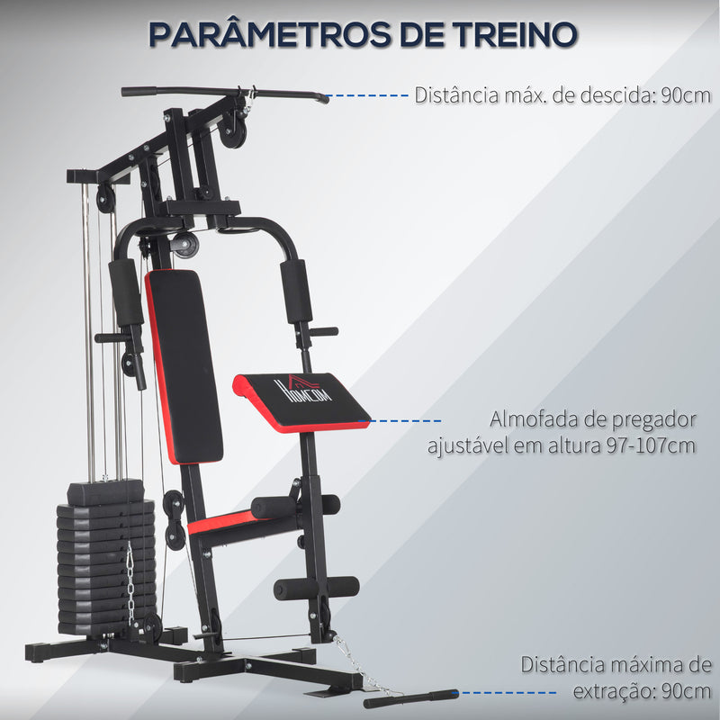 Máquina Multi Estação Máquina de Musculação com Placas de Peso de 65 kg Carga Máx. 100 kg para Treino Completo de Corpo e Treino de Força 135x103x210 cm Preto e Vermelho