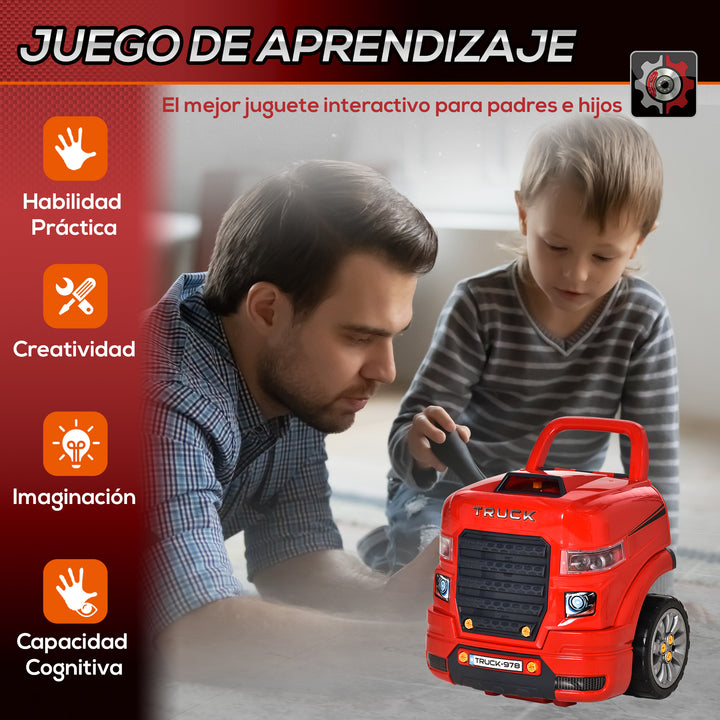 Motor de Caminhão para Crianças acima de 3 Anos Conjunto de Motor de Brinquedo com 61 Peças Volante Buzina Faróis Caixa de Armazenamento e Rodas 40x39x47cm Vermelho