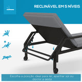 Espreguiçadeira de Vime Chaise Longue de Jardim com Encosto Ajustável em 5 Posições Acolchoado e 2 Rodas Carga 120 kg 73x200x48 cm Cinza Claro e Preto