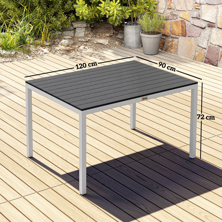Mesa de Refeição para Jardim Retangular Mesa de Exterior 120x90x72 cm com Estrutura de Alumínio Imitação Madeira e Bancada em Ripas Carga 50 kg para Pátio Varanda Preto
